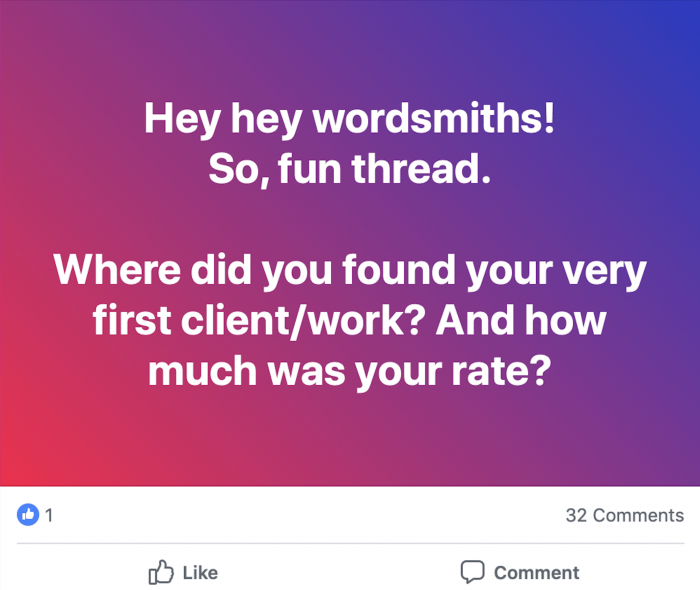 Internet meme saying "hey hey wordsmiths, so fun thread. Where did you found your very first client/work? And how much was your rate?" It's ironic because it contains an error.