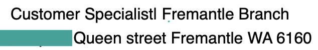 The text should say "customer service specialist Fremantle Beach, Queen Street, Fremantle, WA 6160" but there is a spelling mistake in "specialist".