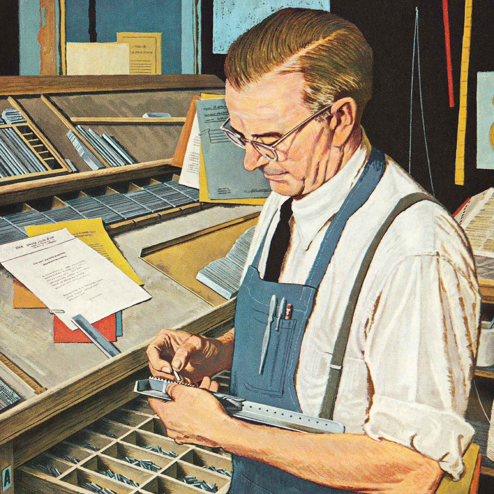 A beautiful old image of an old-fashioned typesetter at work, putting the letters into place so he can print something - symbolising our blog.