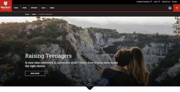 Screenshot of Murdoch's raising teenager's landing page