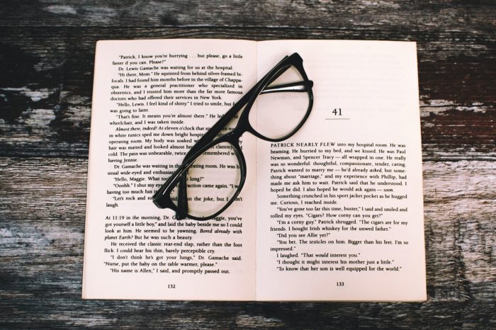 A pair of glasses on an open book.